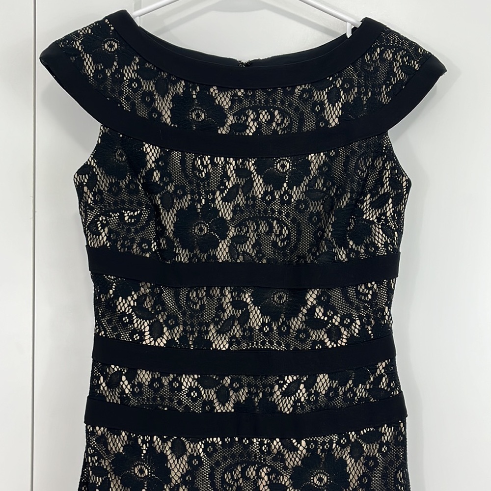 Adrianna Papell Size 2 Beige Black Lace Overlay Cap Sleeve Bodycon Formal Dress - Picture 4 of 12